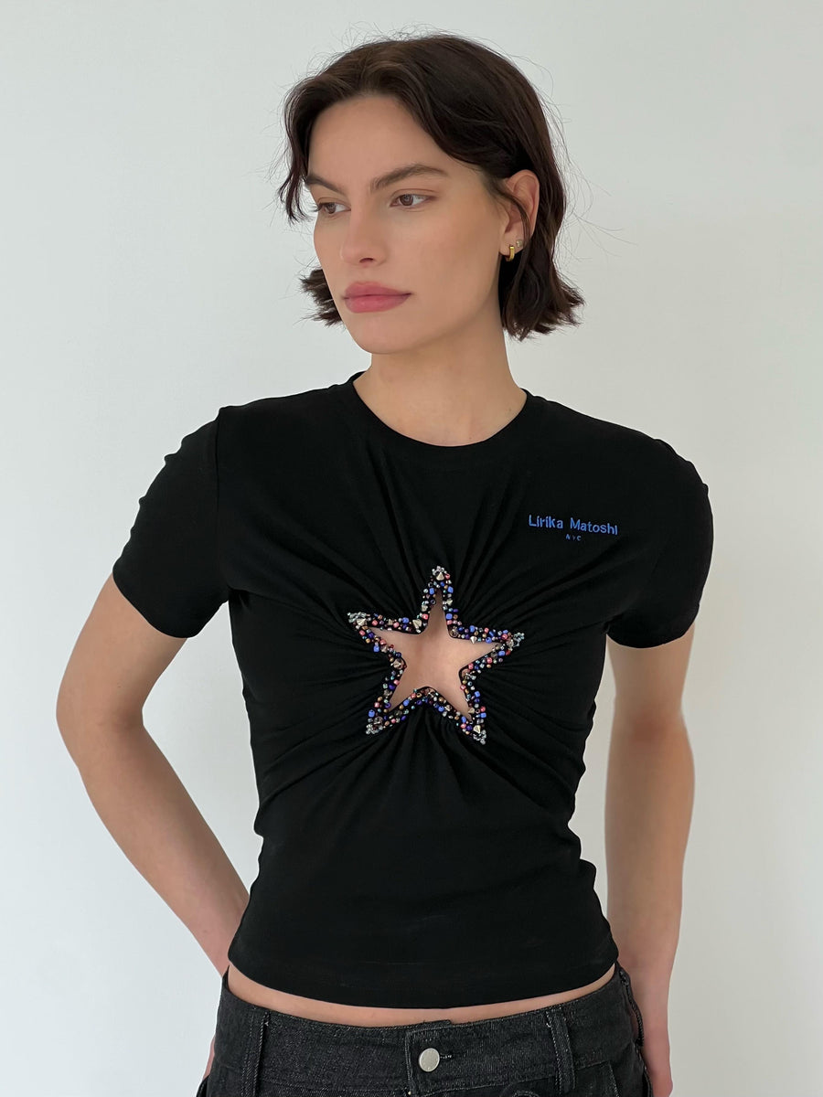 Black T-Shirt with star cutout and embroidery