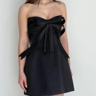 Black Satin Bow Mini Dress