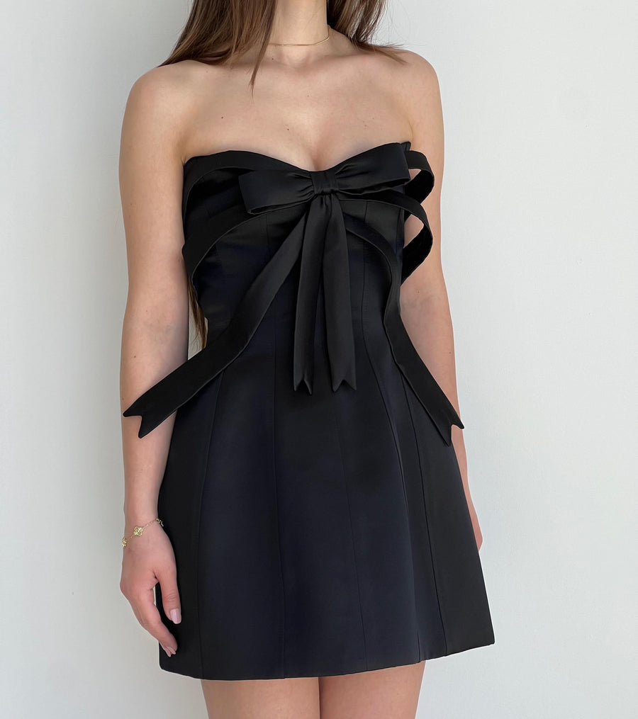 Black Satin Bow Mini Dress