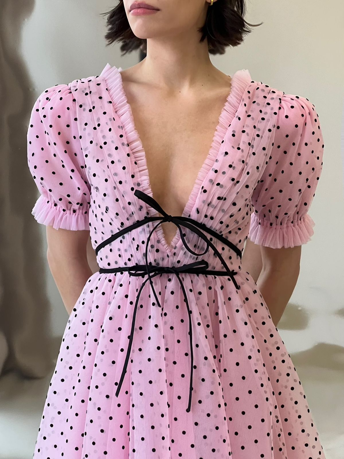 Pink tulle midi dress with black polka dots