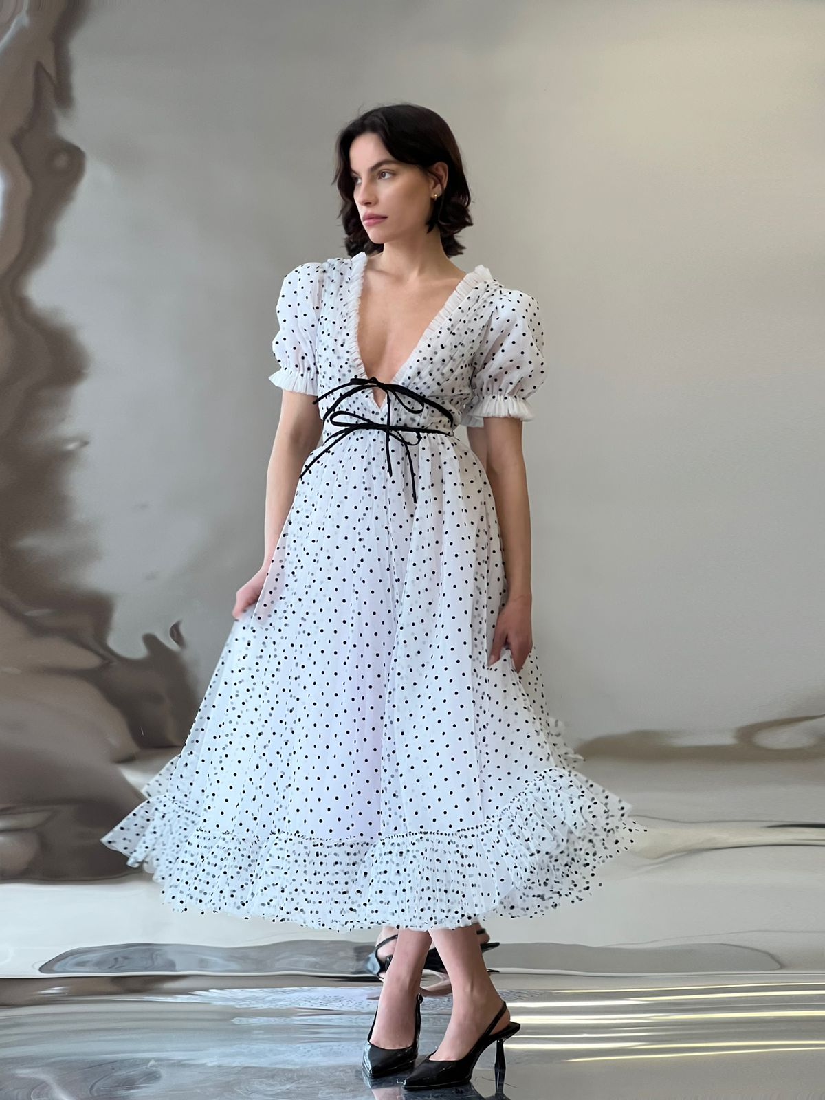 white tulle midi dress with black polka dots