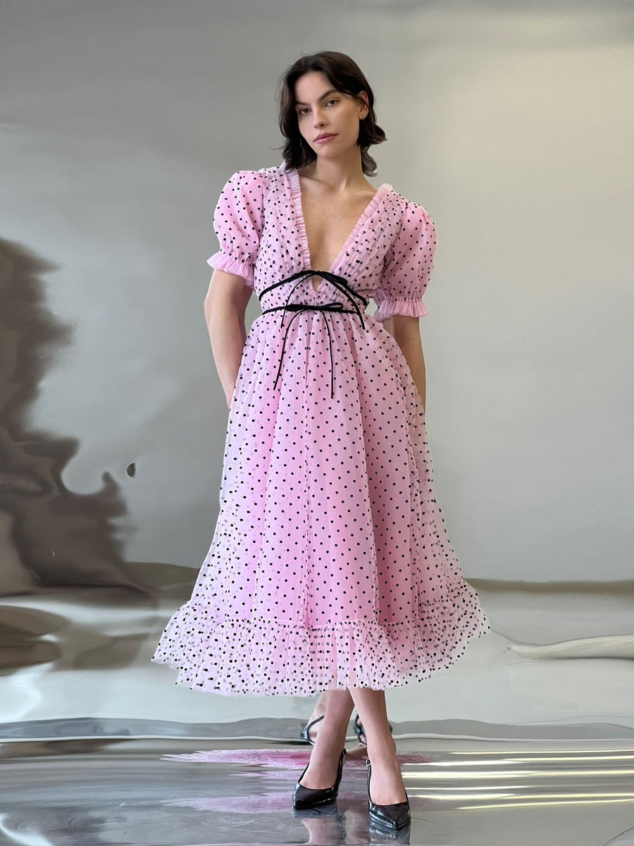 Midi Dress Pink Dress With Black Polka Dots Berrylush Women Pink