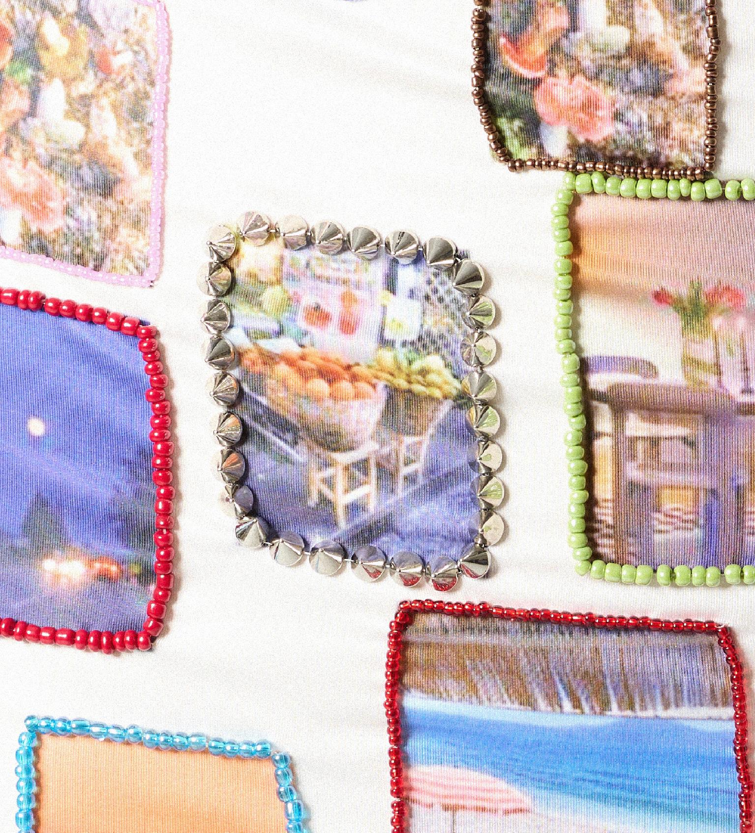 Tank top made from mesh and beads with printed fabric with pictures