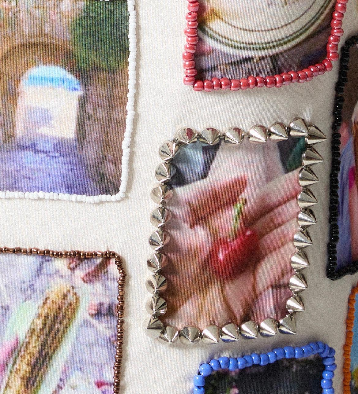 Tank top made from mesh and beads with printed fabric with pictures