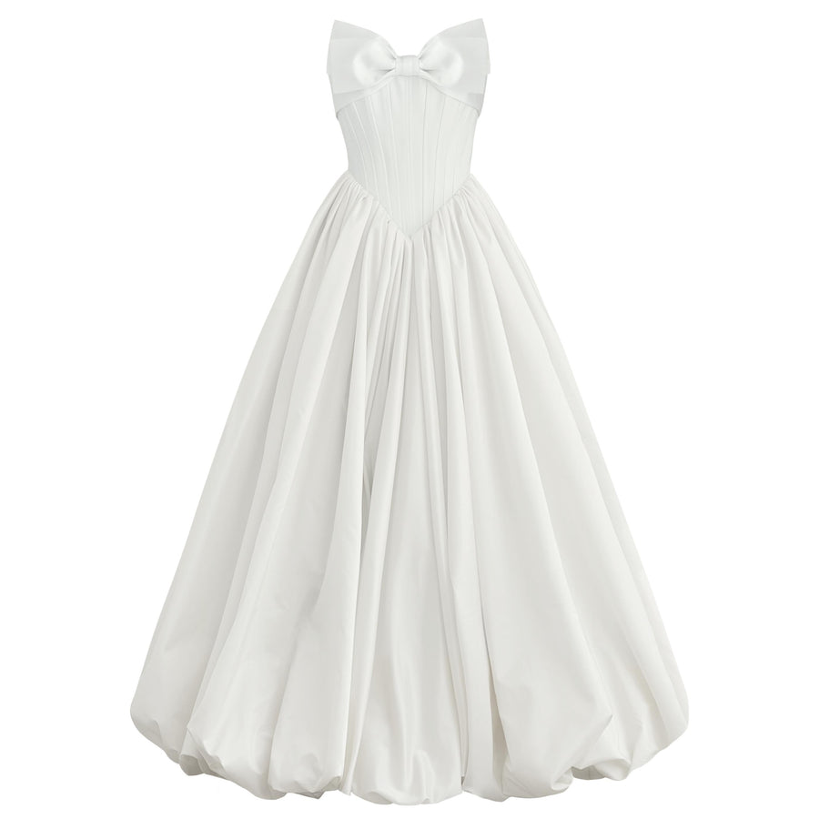 White A-Line maxi dress with a large embroidered bow