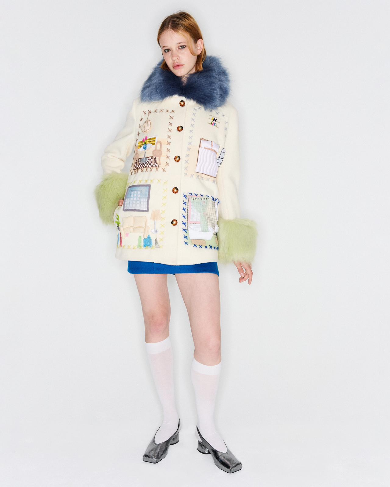 coat with apartment furniture embroidery, hand made figures and fur