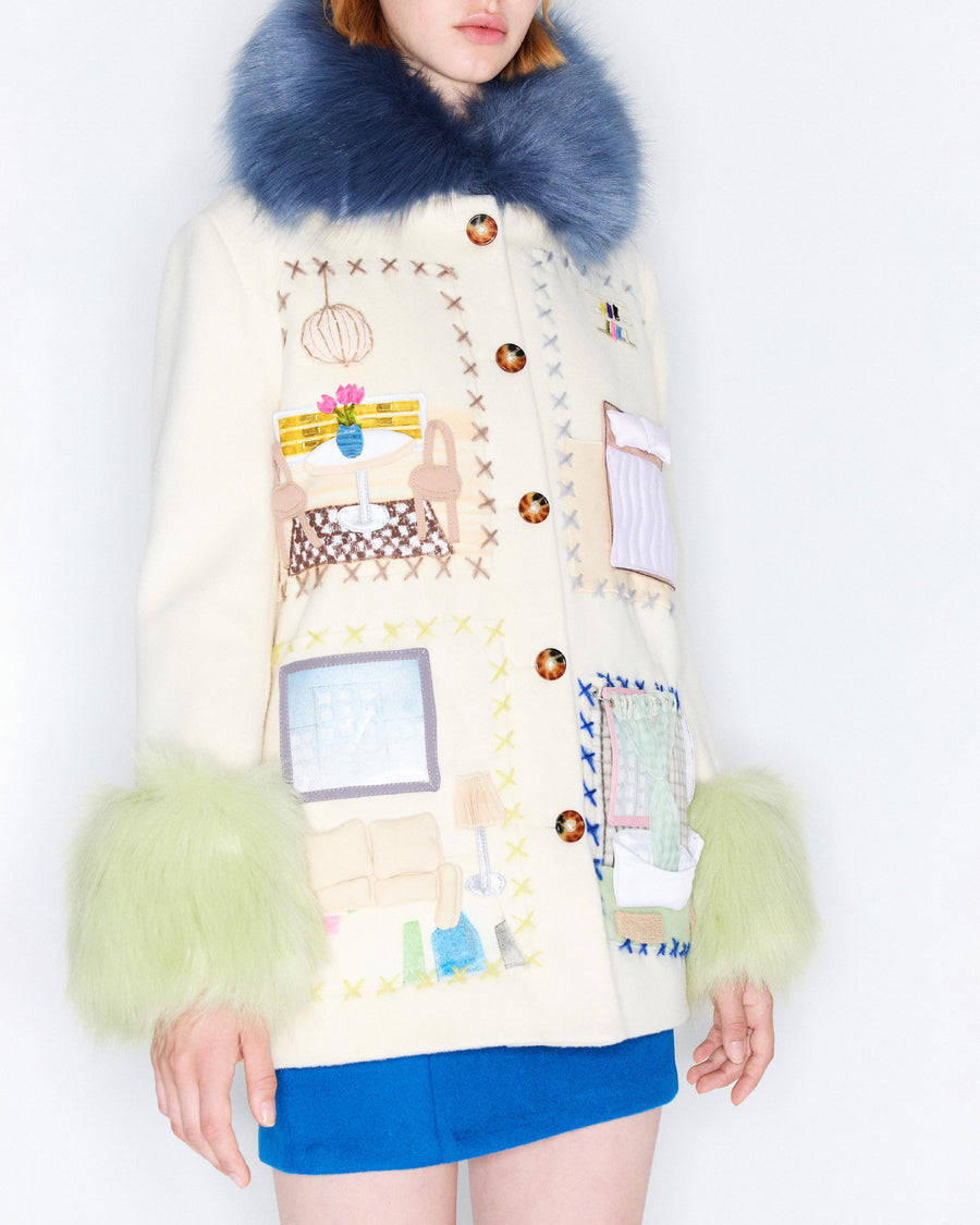 coat with apartment furniture embroidery, hand made figures and fur