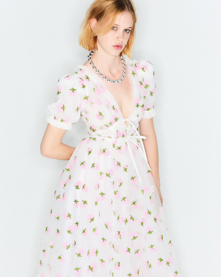 White strawberry midi dress