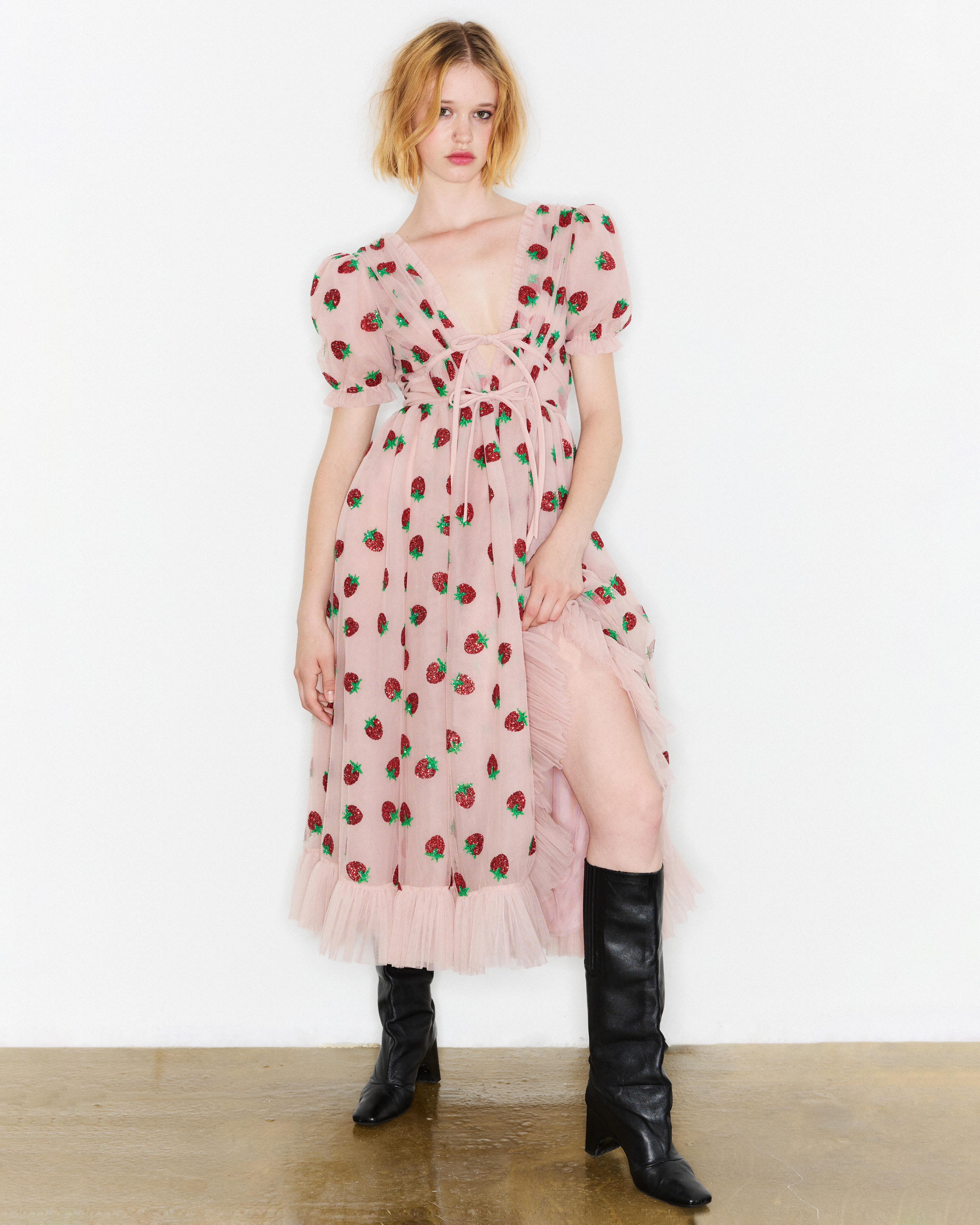 Midi pink dress with strawberries