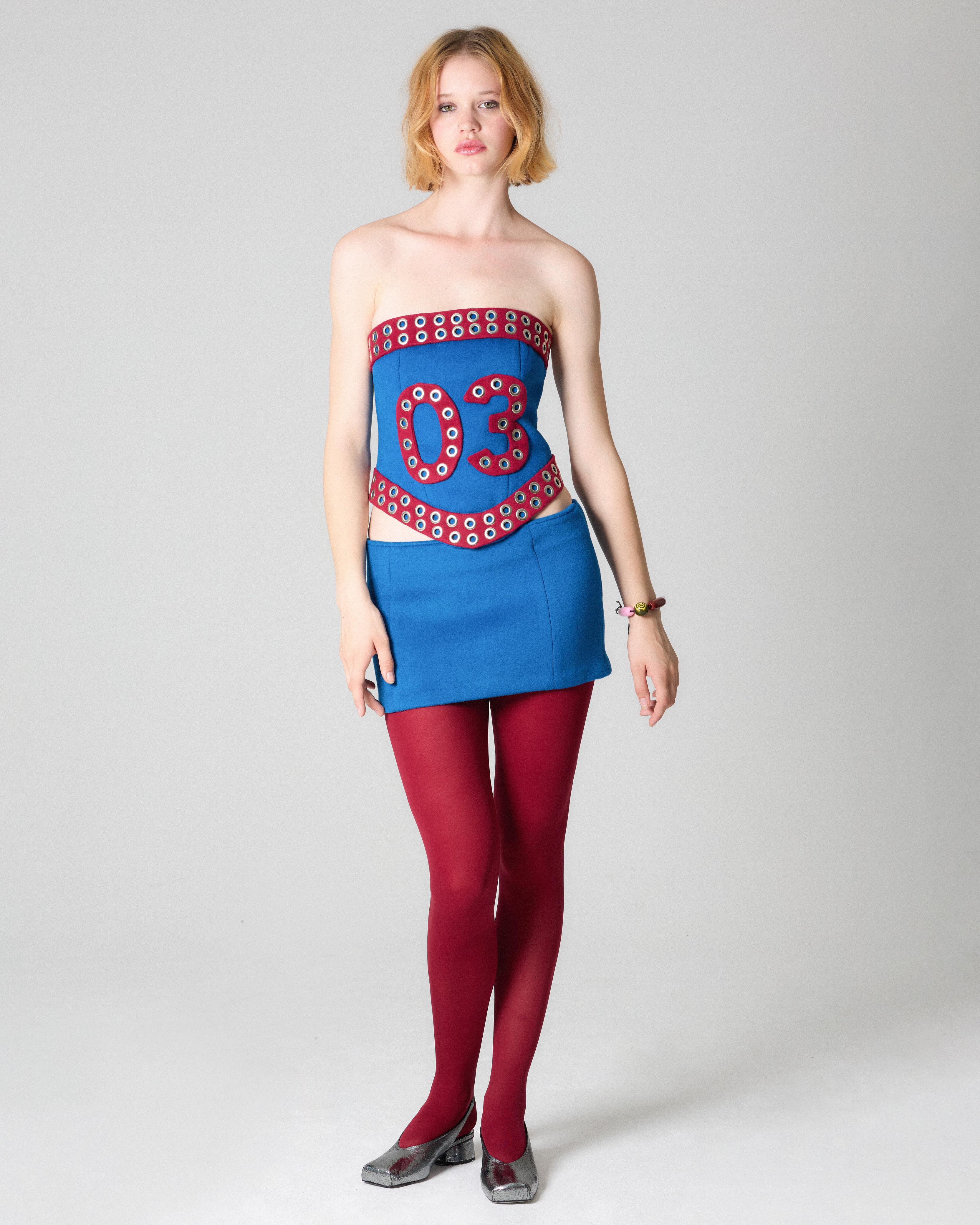 Blue and red corset with numbers