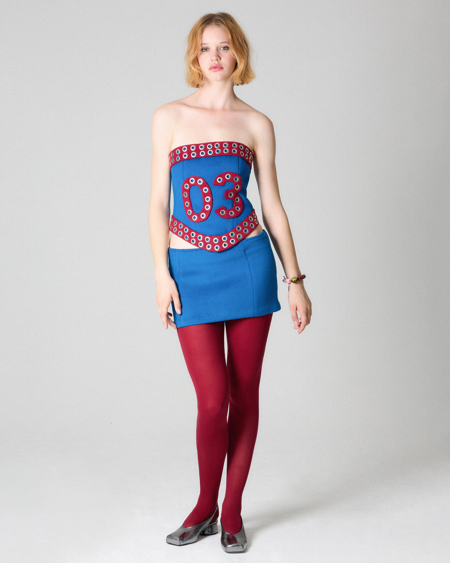 Blue and red corset with numbers