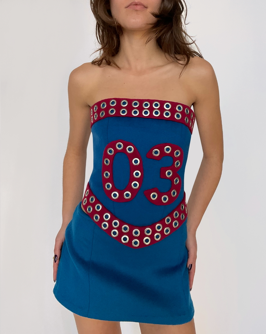 Blue and red corset with numbers