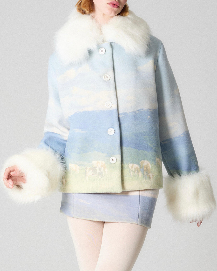 coat with fur and landscape print