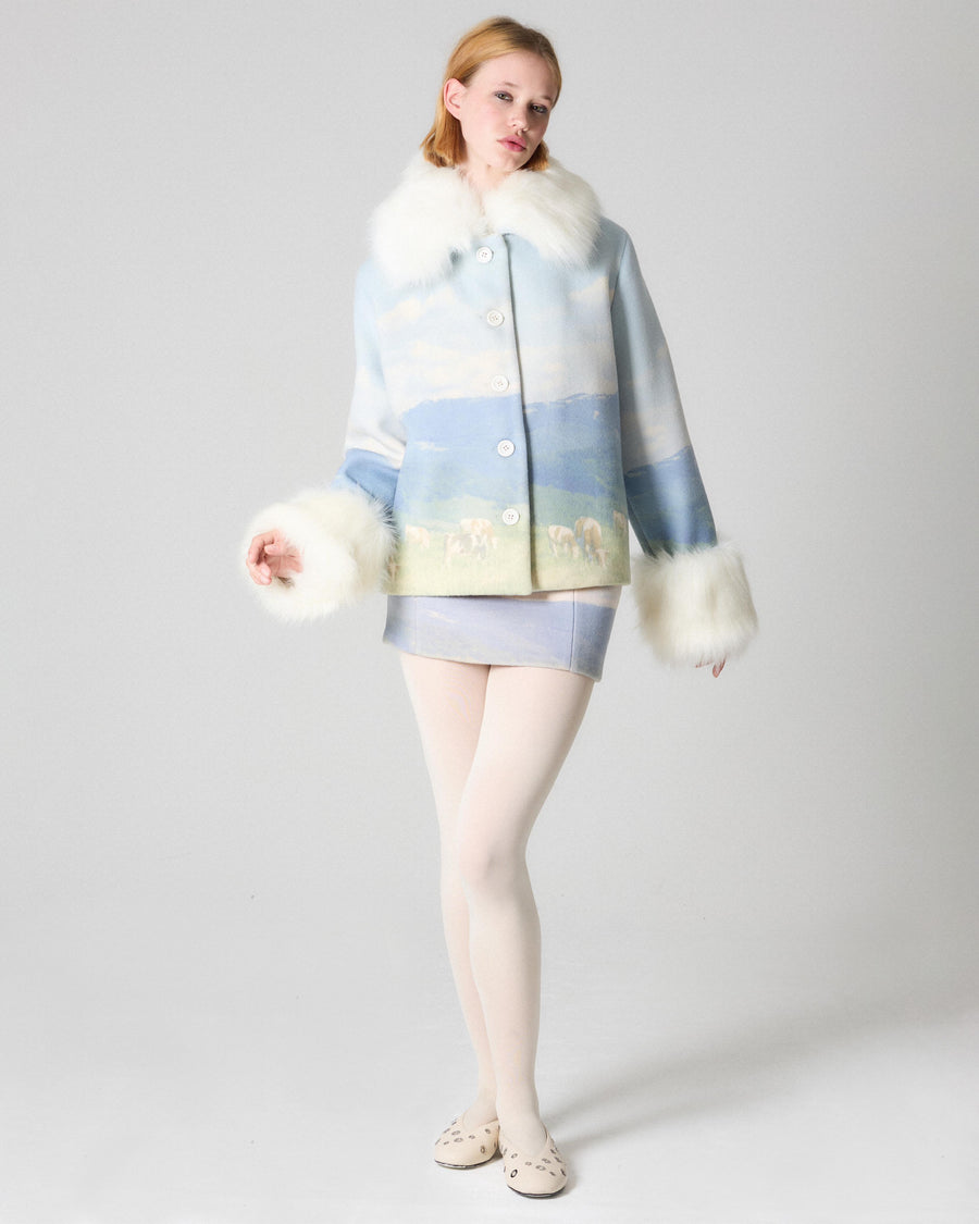 coat with fur and landscape print