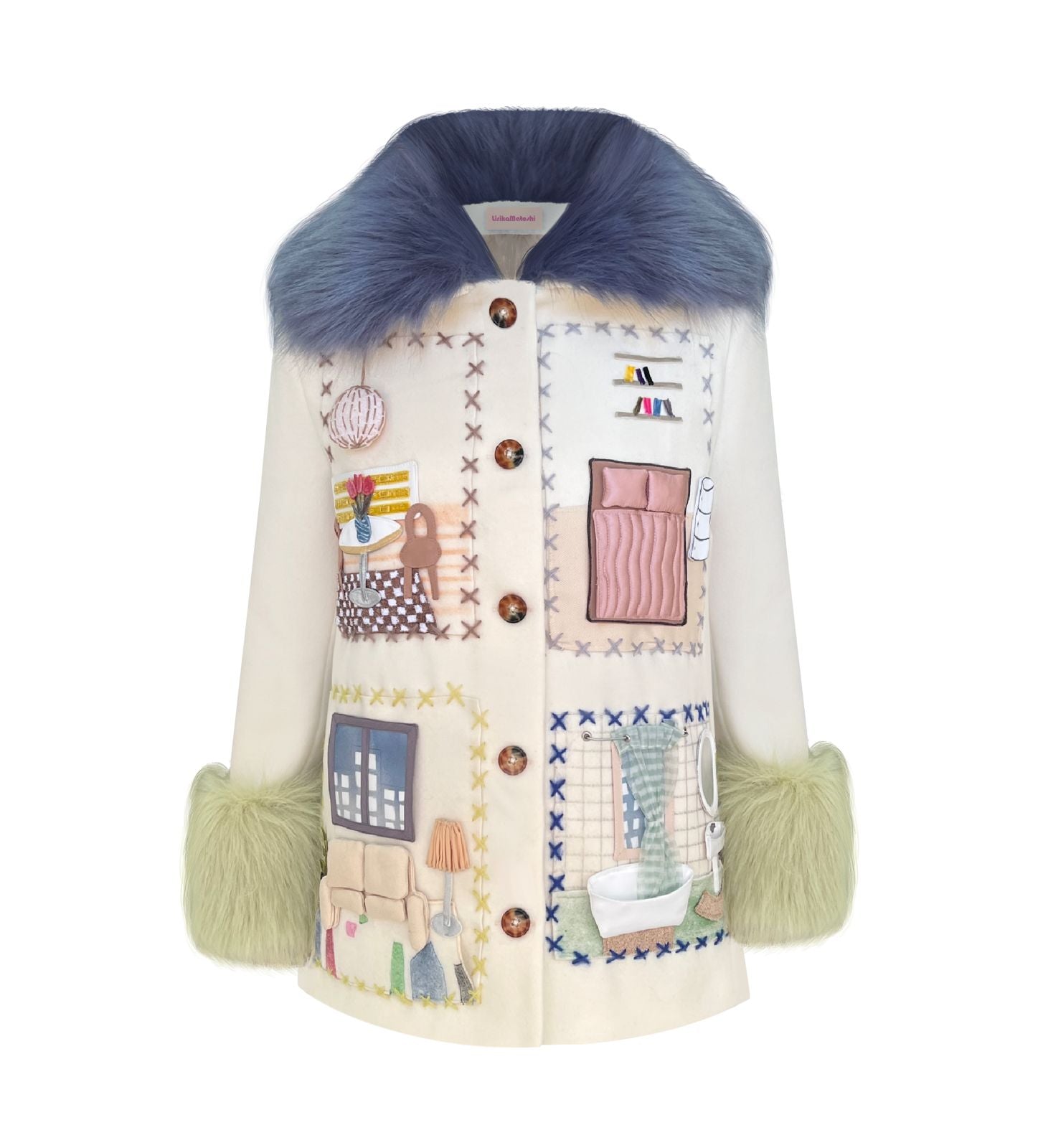 coat with apartment furniture embroidery, hand made figures and fur