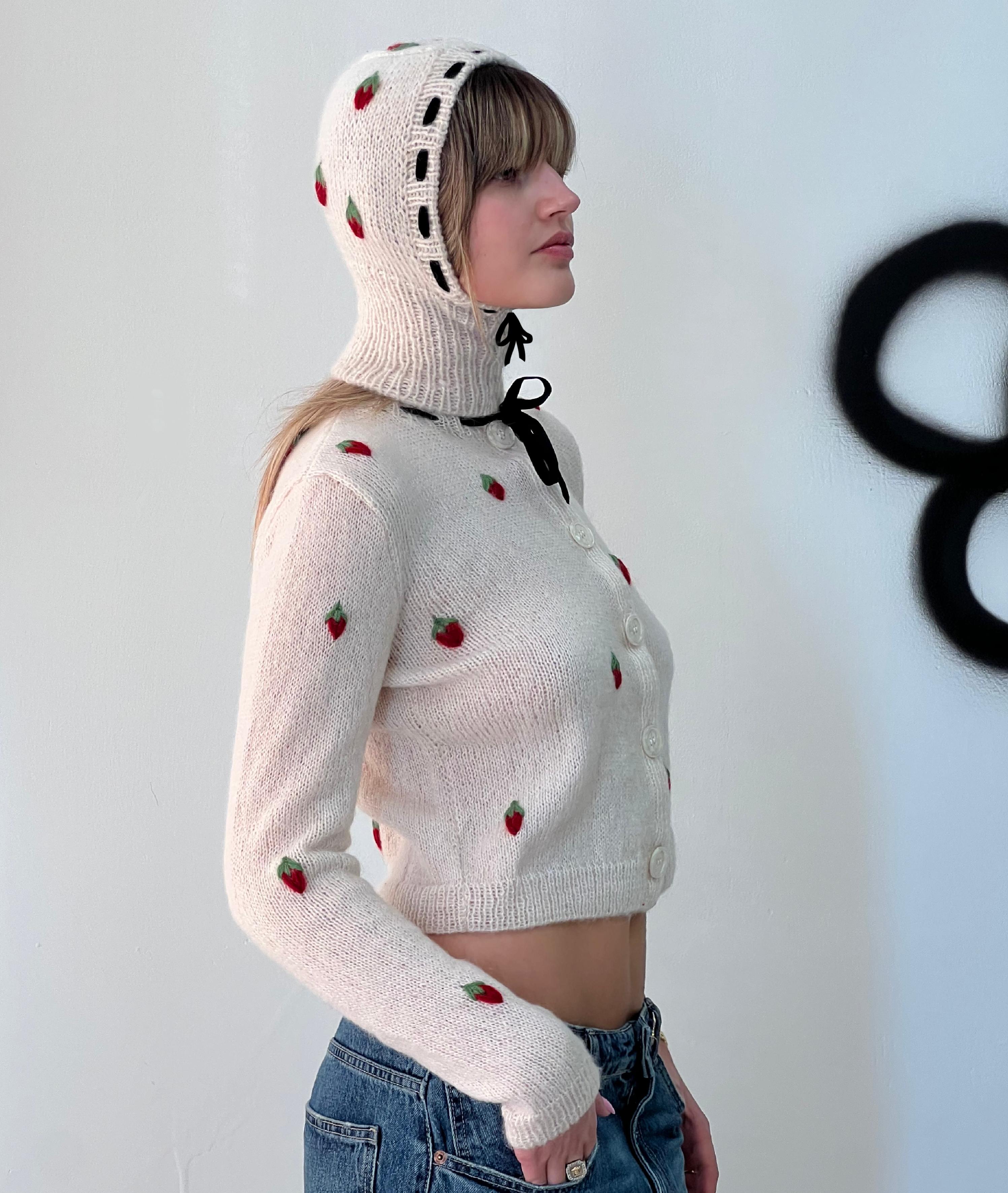 Strawberry embroidered Hand Knitted Balaclava