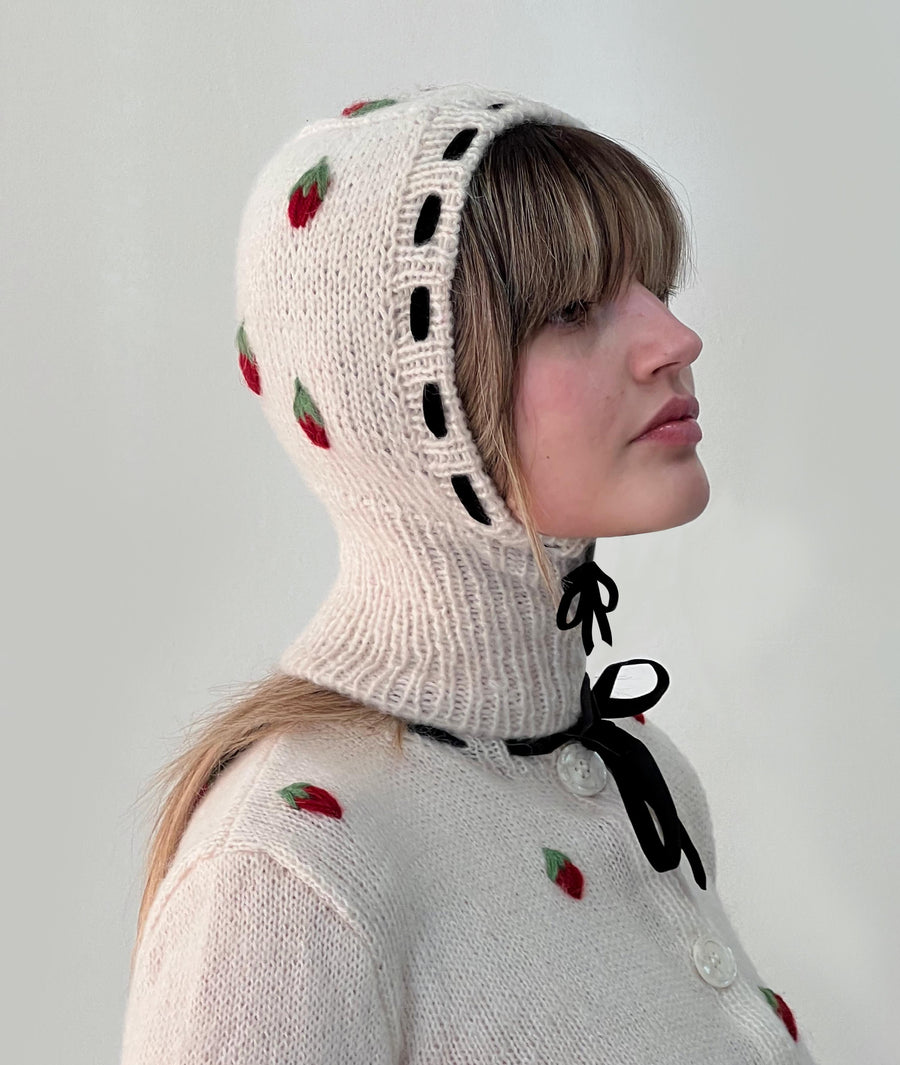 Strawberry embroidered Hand Knitted Balaclava