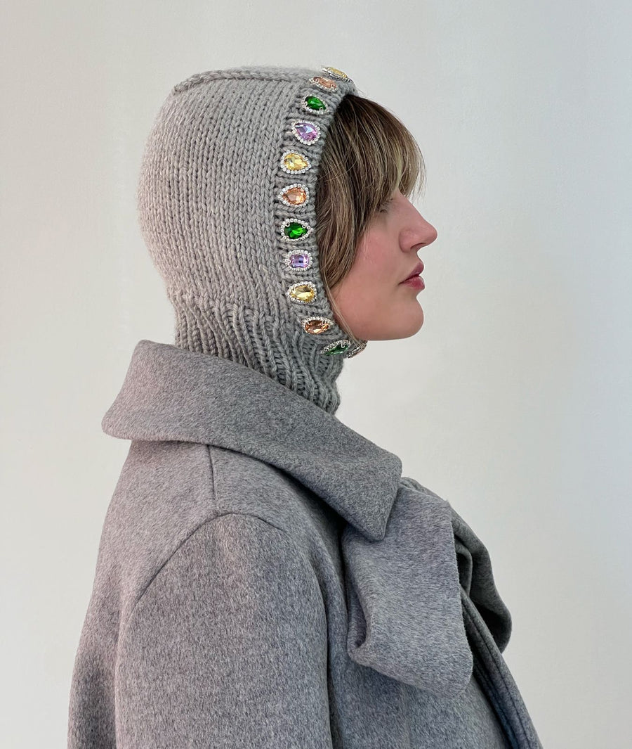 Grey Crystal Hand Knitted Balaclava