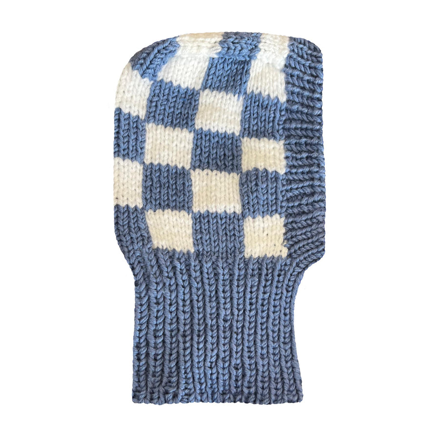 blue and white checkered hand knitted balaclava