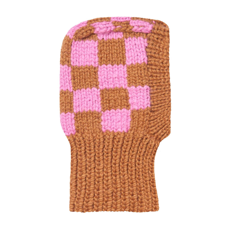 pink and brown checkered hand knitted balaclava