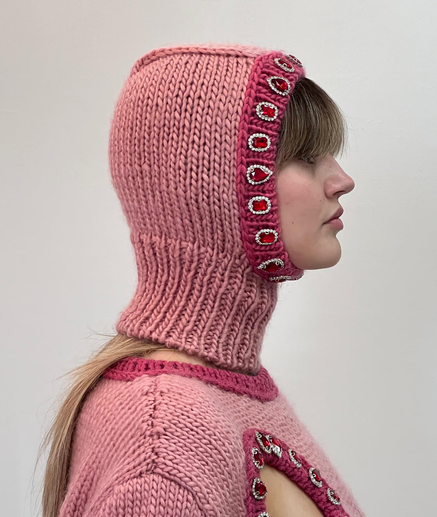 Pink Crystal Hand Knitted Balaclava