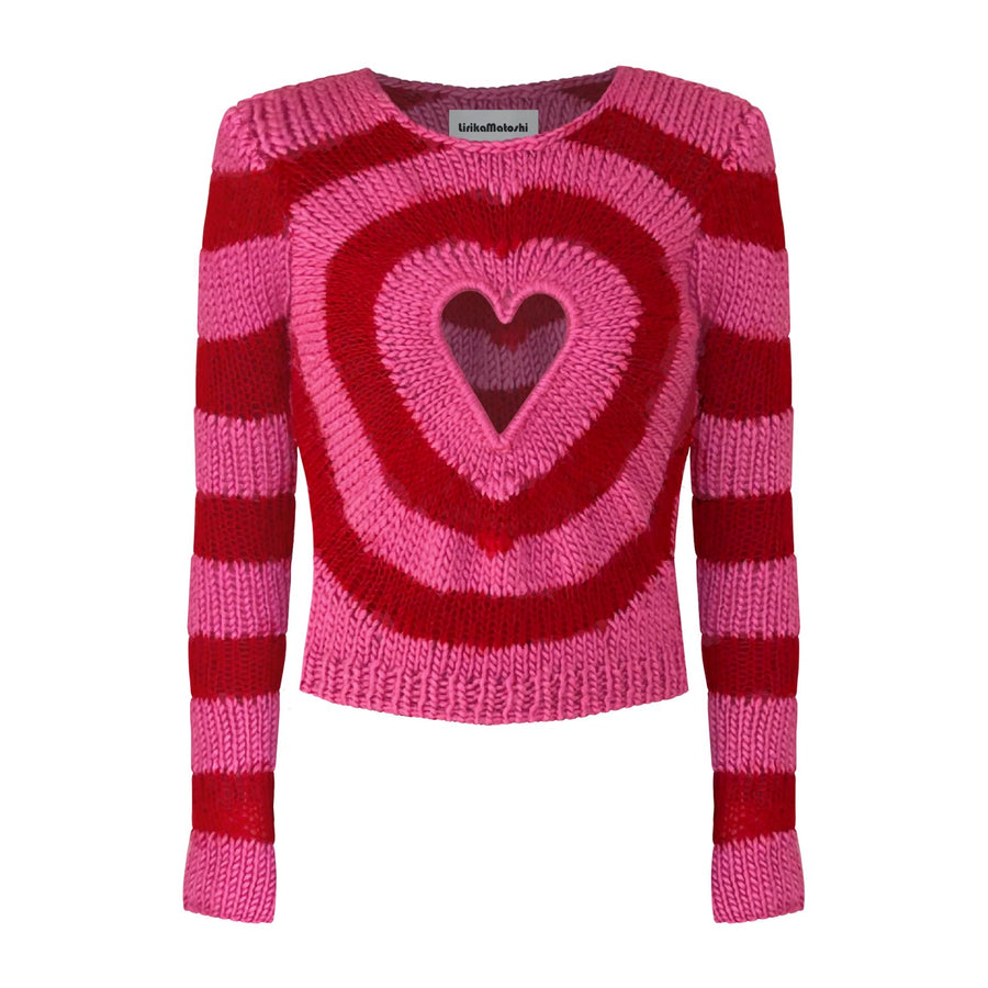 pink and red knitted sweater with long sleeves and heart cut