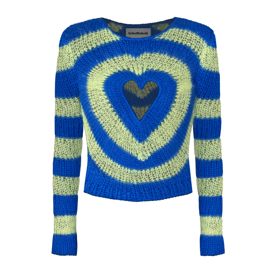 blue and yellow knitted sweater with long sleeves and heart cut