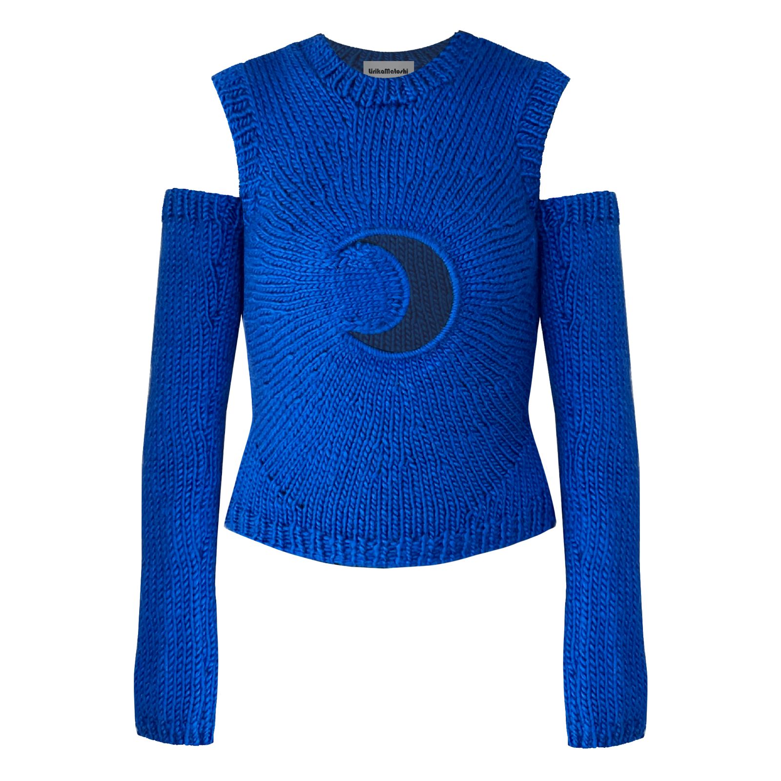 blue knitted sweater with moon cut and sleeves