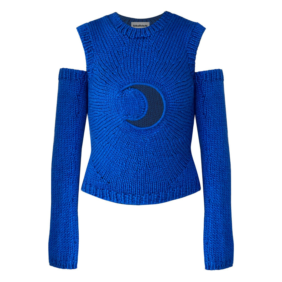 blue knitted sweater with moon cut and sleeves