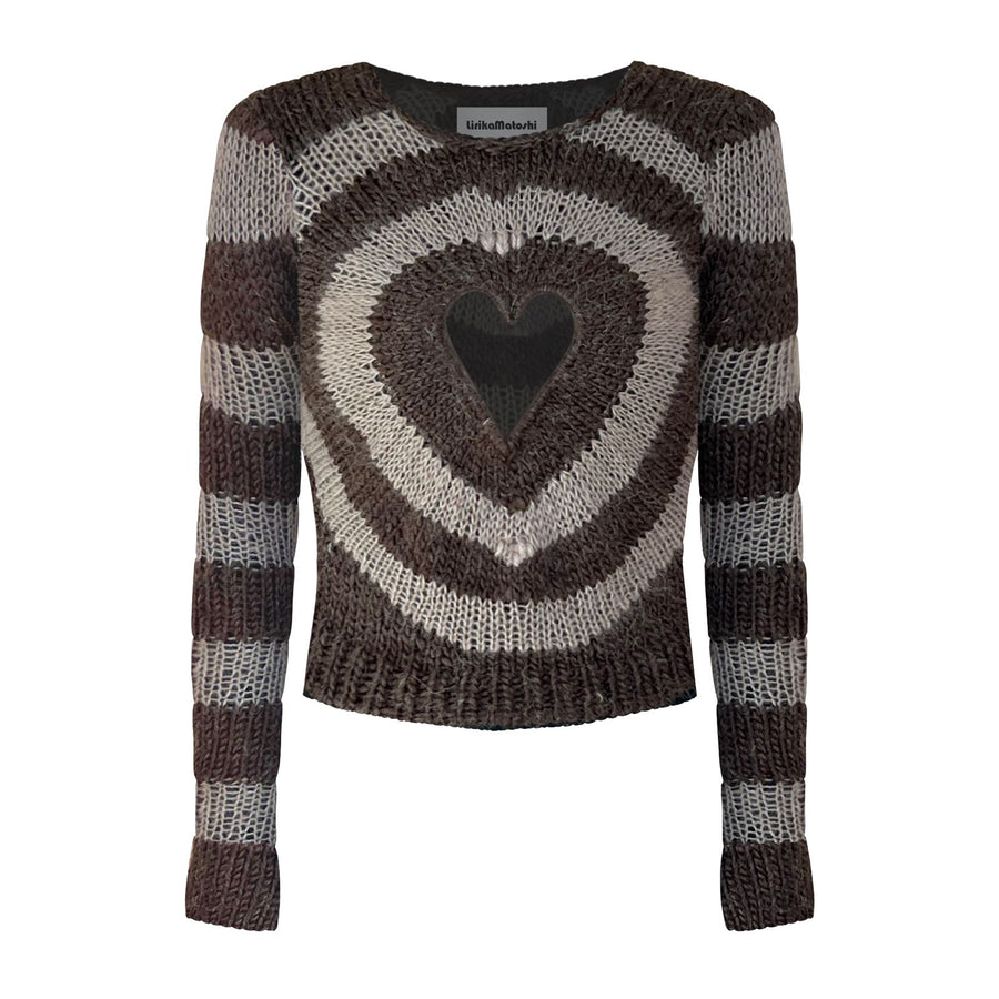 brown and cream knitted sweater with long sleeves and heart cut