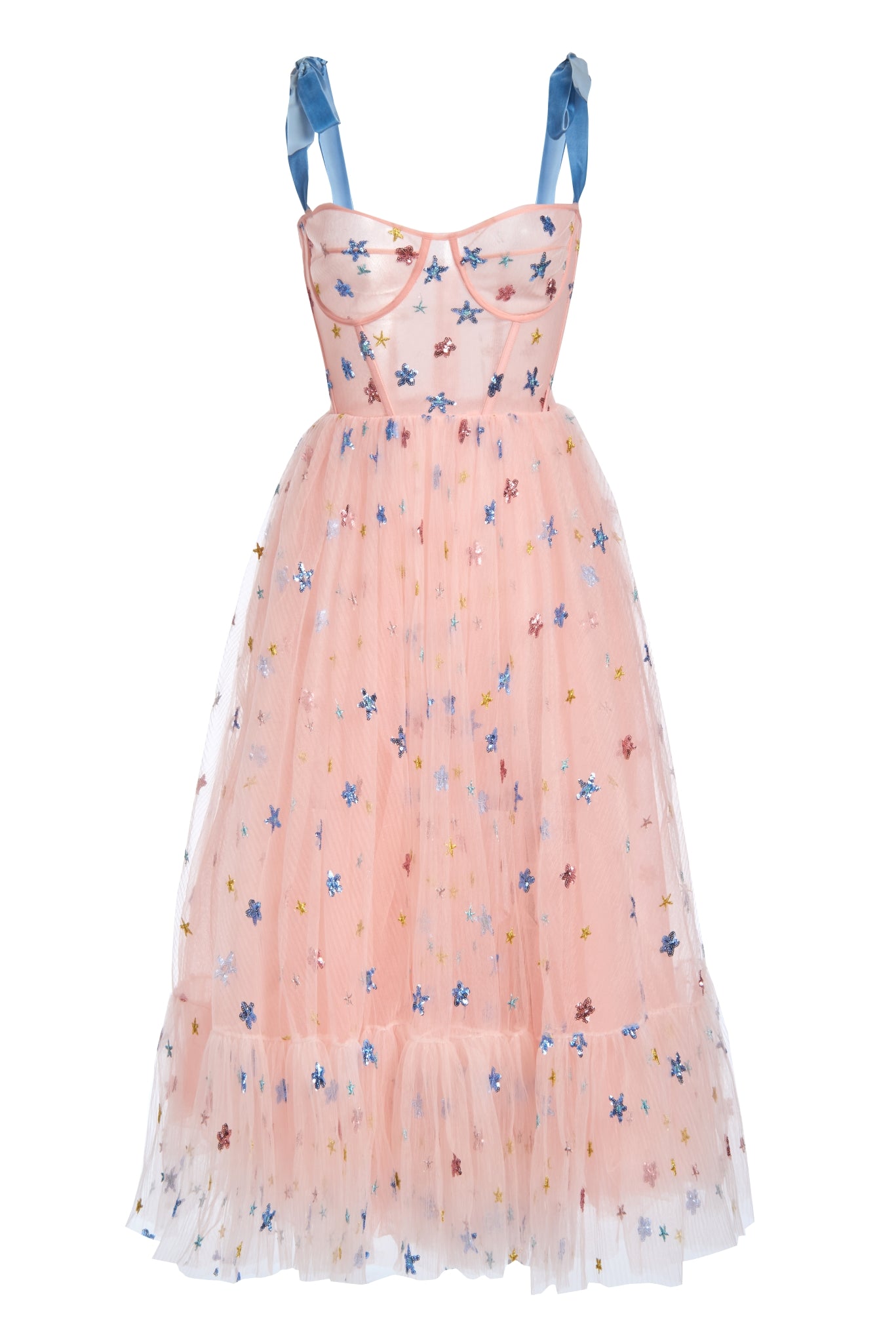 A pink midi dress with blue star embellishments and thin straps, laid flat on a white background.