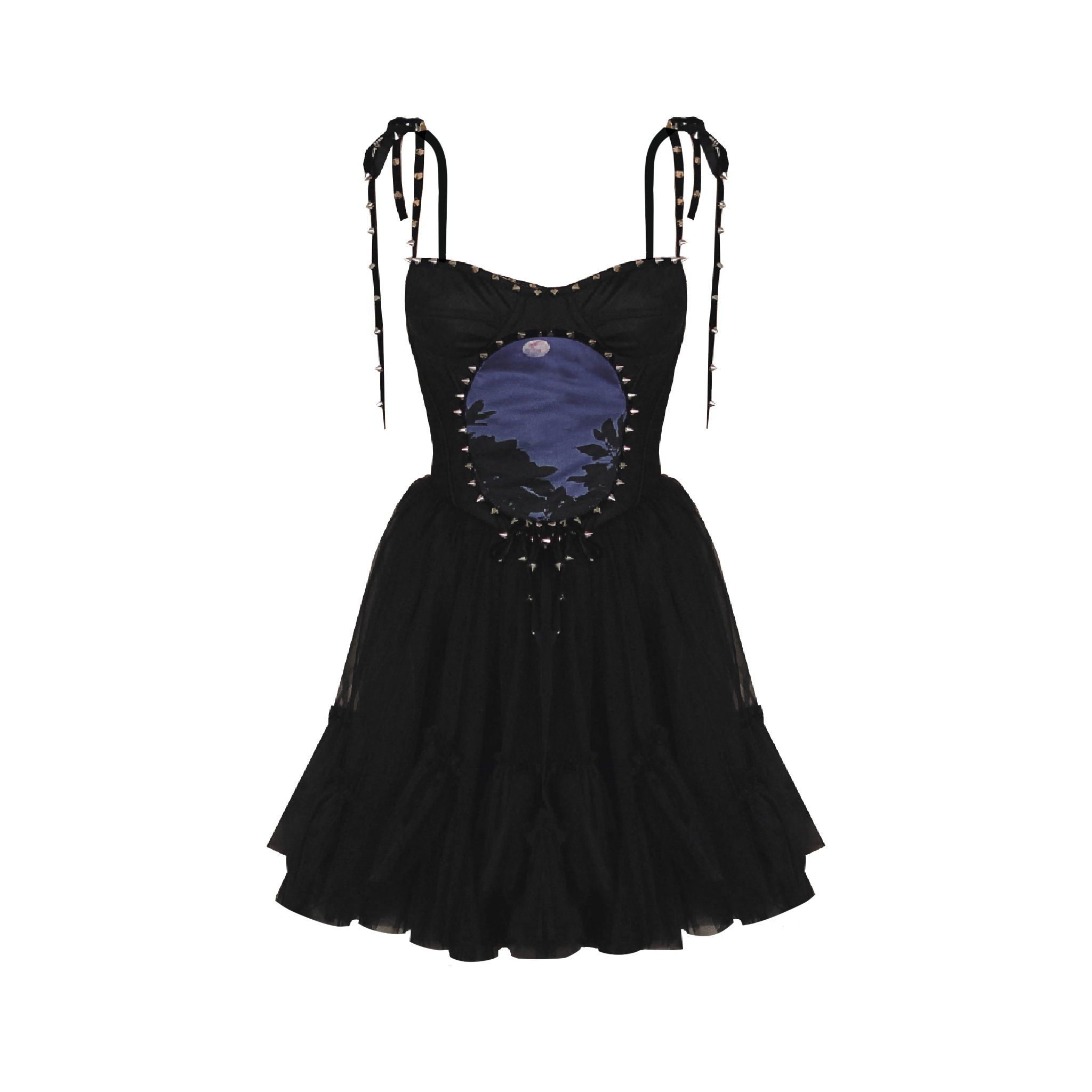 A black mini dress with tie-strap shoulders, a round neckline with embellishments, and a flared design.