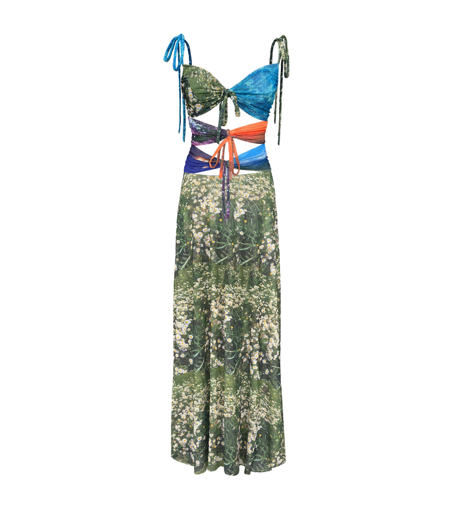A long dress with a camouflage pattern and multicolored straps, featuring a bow at the waist.