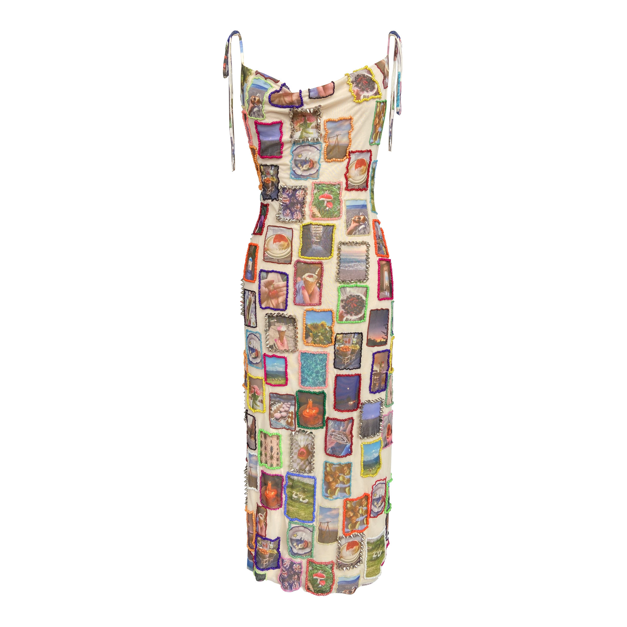 beaded dress with embroidered pictures and straps